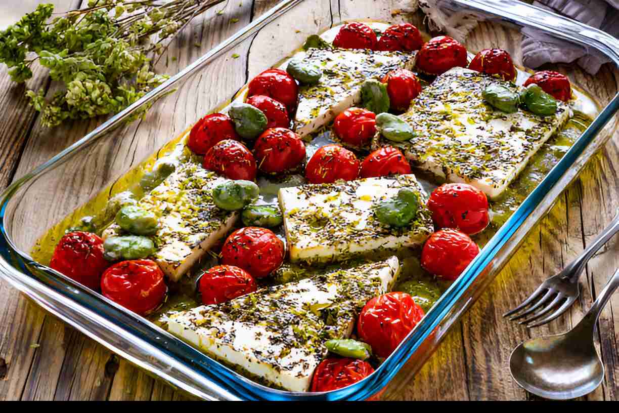 Blechgebackener Feta mit Brokkolini, Tomaten und Zitrone