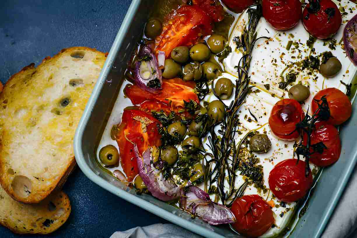 Blechgebackener Feta mit Brokkolini, Tomaten und Zitrone