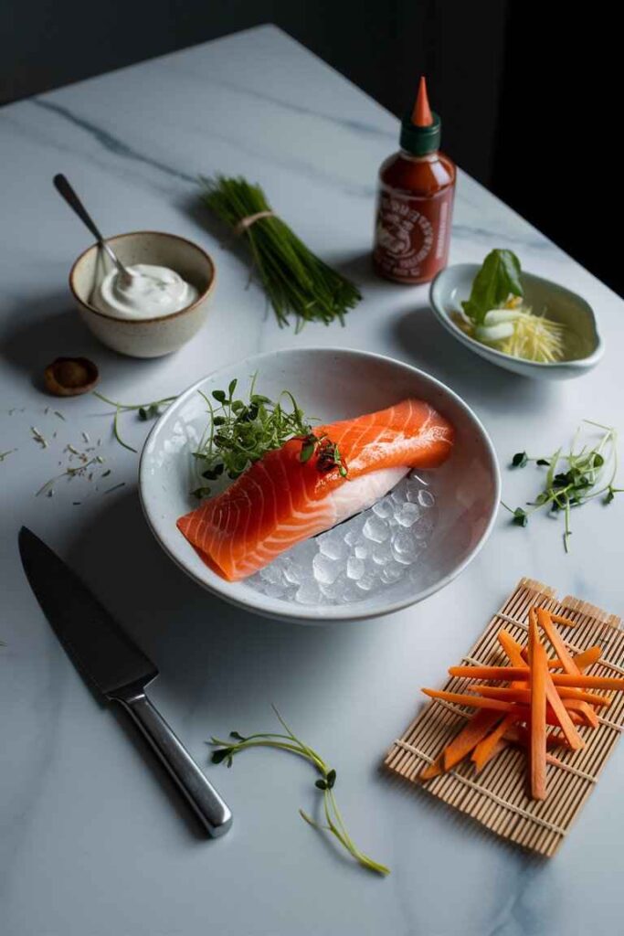 Lachs-Crudo mit scharfer Schnittlauchsauce und knusprigen Karotten