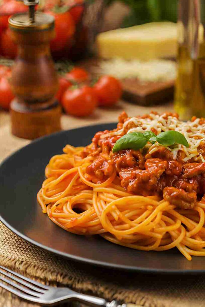 Spaghetti mit Hühnerhackfleisch und Tomatensauce