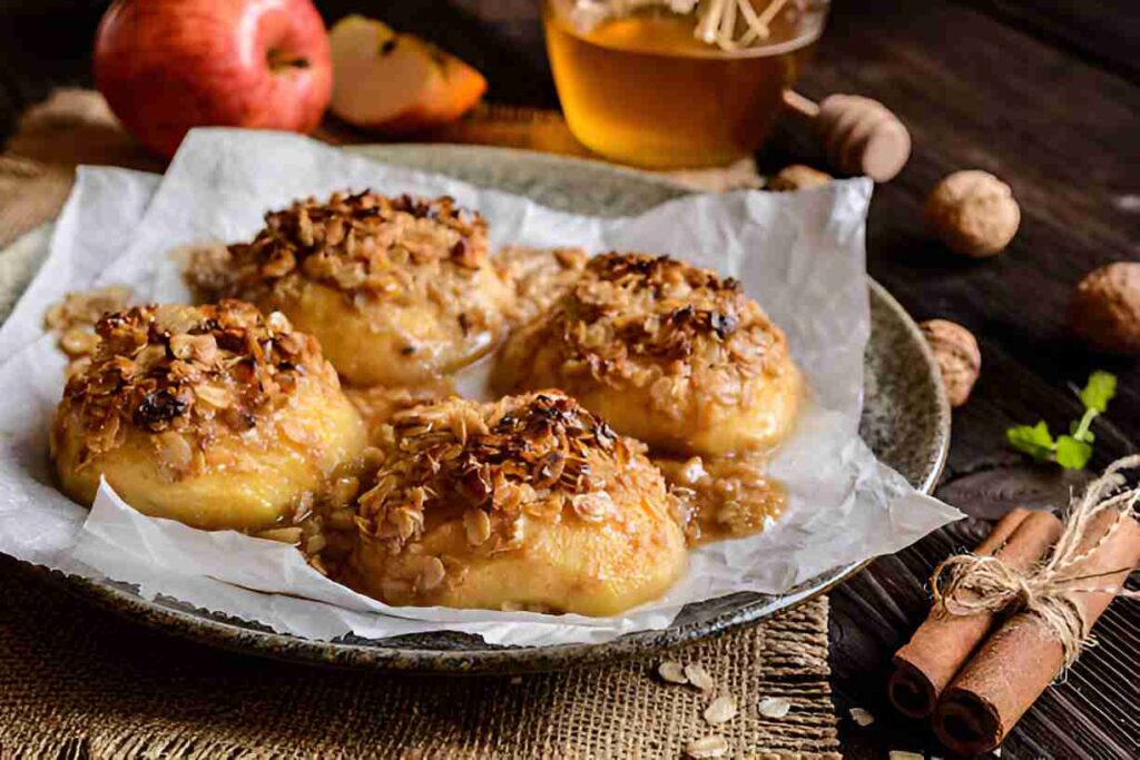 Gebackener Apfel mit Haferflocken und Walnüssen