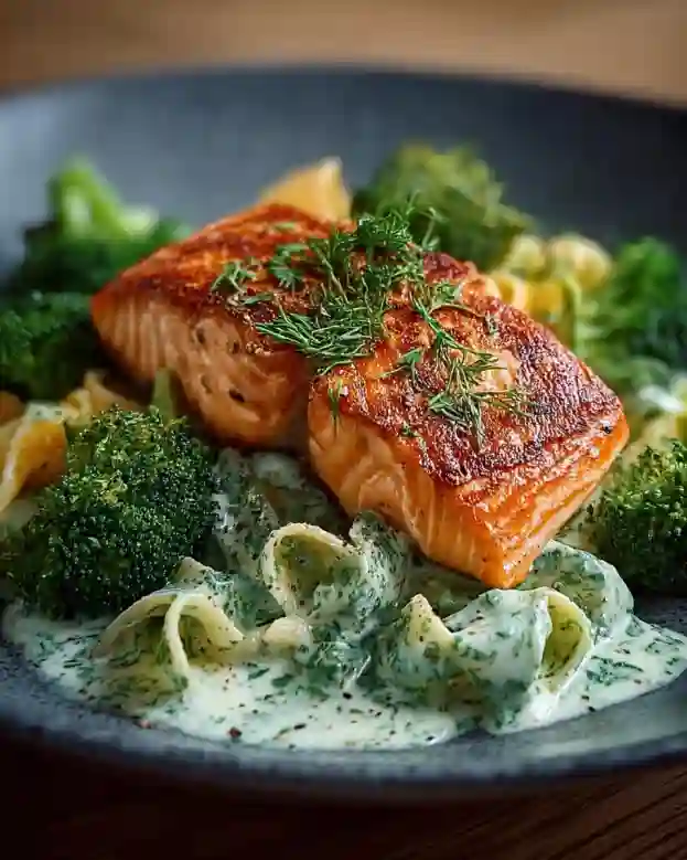 Gebratener Lachs mit Brokkoli Alfredo