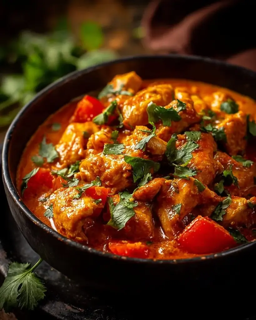 Afrikanisches Kokos-Hähnchen-Curry mit frischen Zutaten serviert