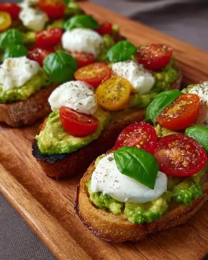 Avocado-Burrata-Bruschetta mit frischen Tomaten serviert