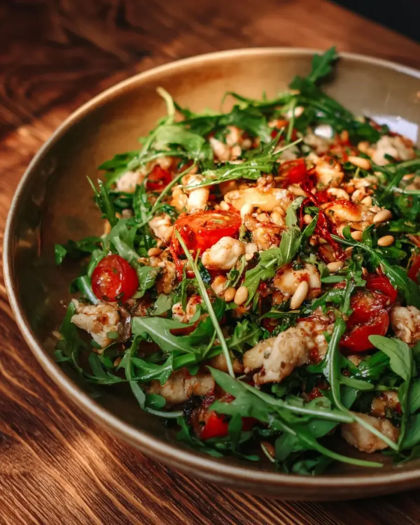 Leckere Brotsalat-Zutaten und Zubereitung auf einem Tisch