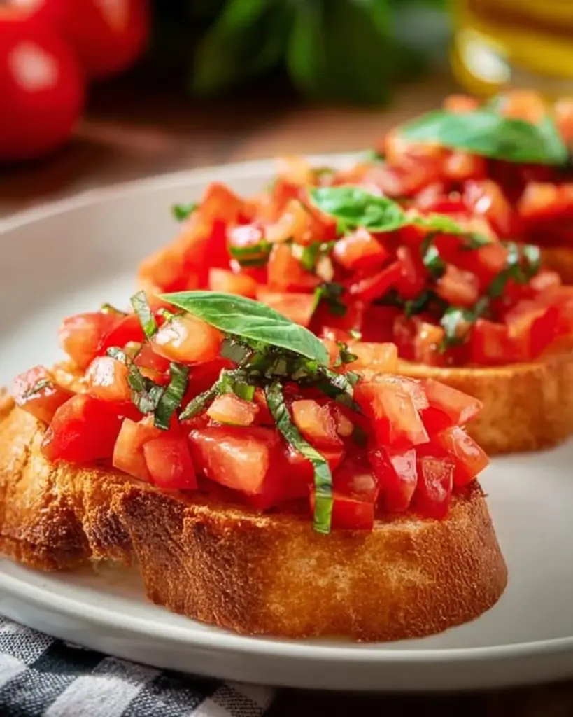 Bruschetta mit frischen Tomaten und Basilikum auf einem Holzteller