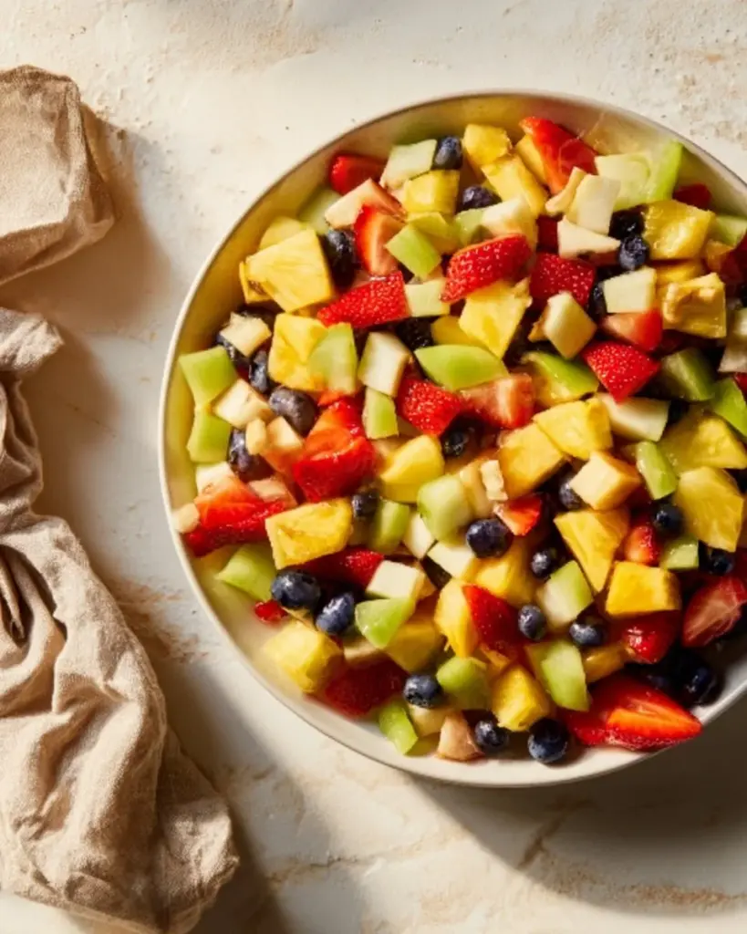 Bunter Obstsalat mit frischen Früchten wie Äpfeln, Birnen und Beeren