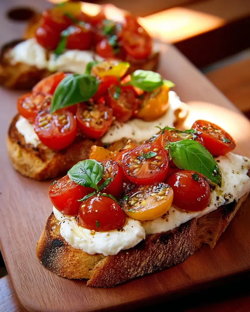 Leckeres Burrata-Bruschetta mit frischen Tomaten und Basilikum