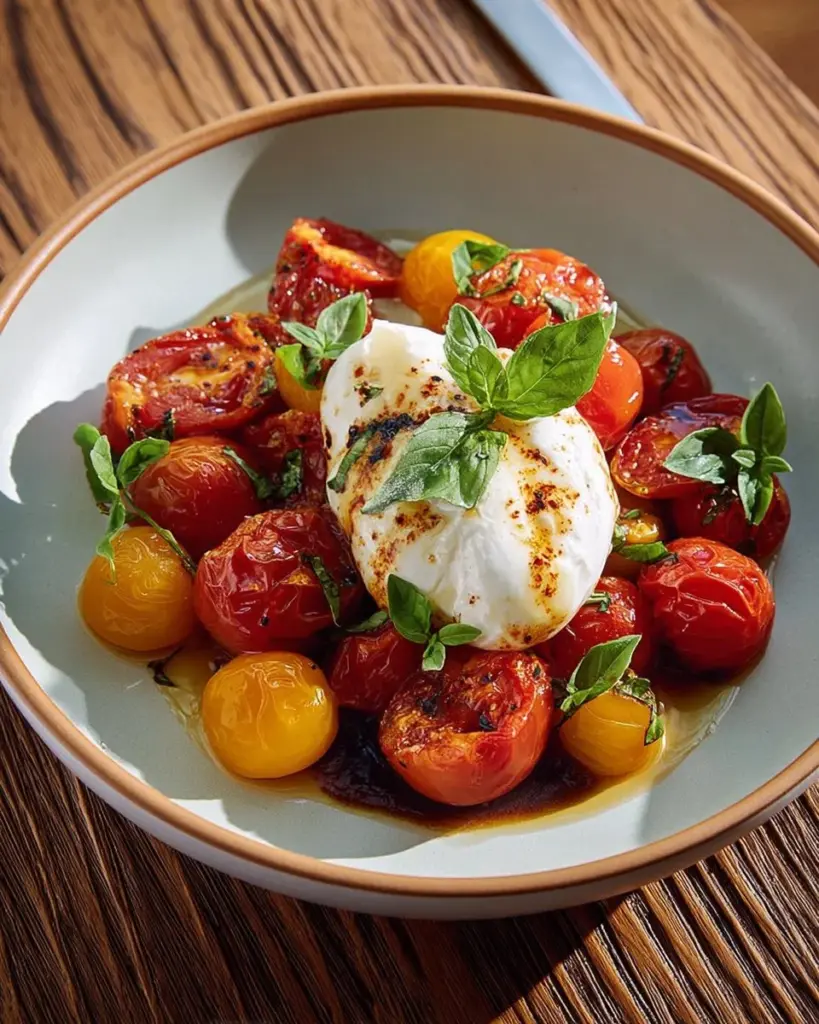 Burrata mit geschmorten Balsamico-Tomaten auf einem Teller