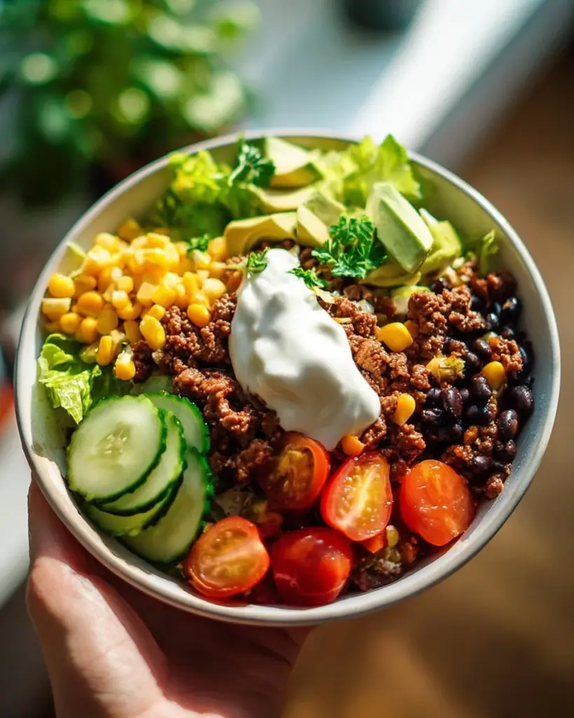 Burrito-Schüssel mit Rinderhackfleisch und frischen Zutaten
