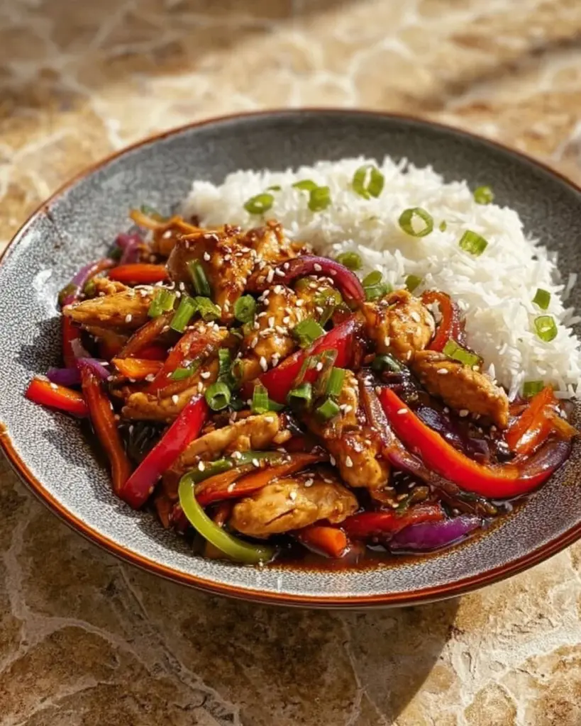 Leckere chinesische Hähnchenpfanne mit Reis auf einem Teller serviert
