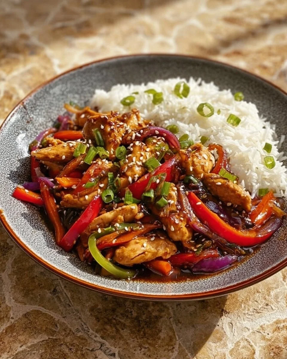 Leckere chinesische Hähnchenpfanne mit Reis auf einem Teller serviert