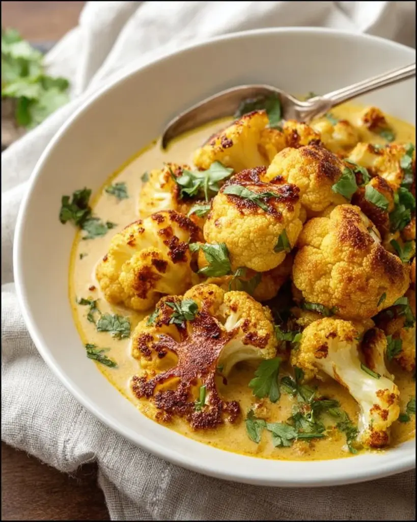 Cremiges Ofen-Blumenkohl-Curry mit Gewürzen im Ofen zubereitet.