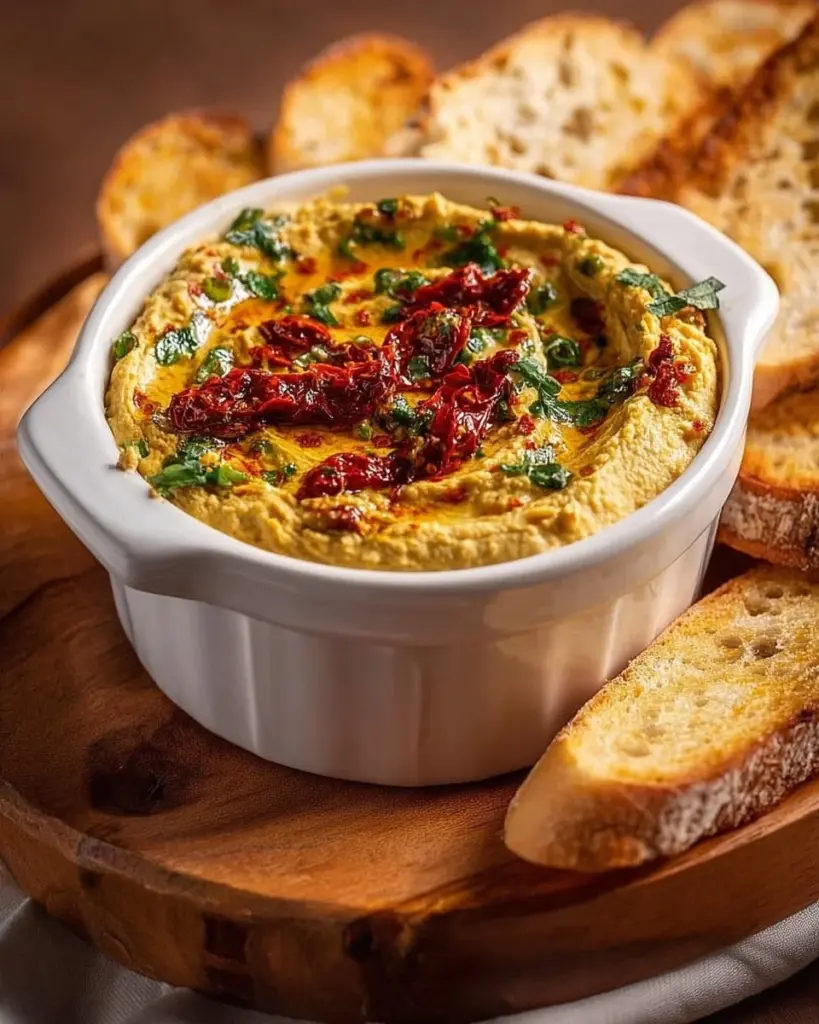 Dattel-Curry-Dip in einer Schüssel mit frischem Brot und Kräutern garniert.