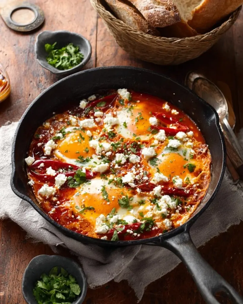 Ein einfaches Shakshuka Rezept mit Eiern und Paprika in Tomatensauce