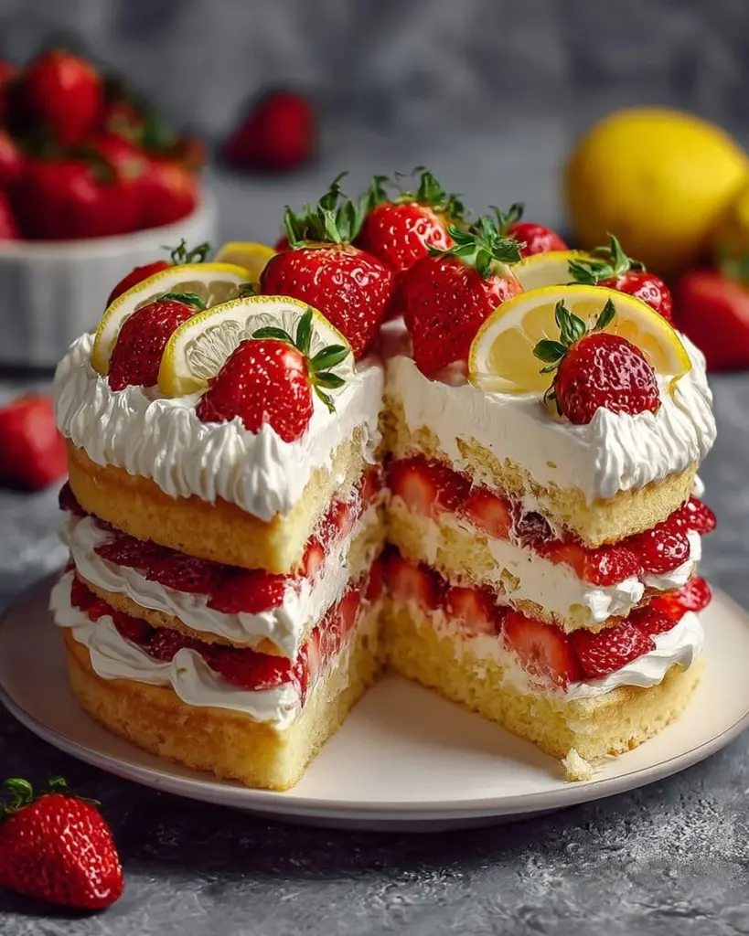 Erdbeer-Zitronen-Layer-Cake mit frischen Erdbeeren und Zitronenglasur
