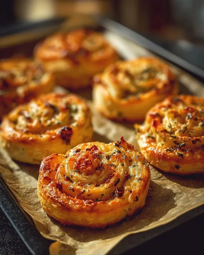 Flammkuchen-Blätterteig-Schnecken frisch gebacken auf einem Holzbrett