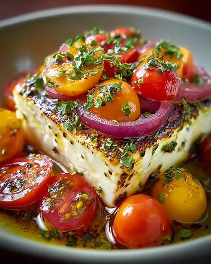 Gebackener Schafskäse auf griechische Art mit frischen Kräutern und Olivenöl.