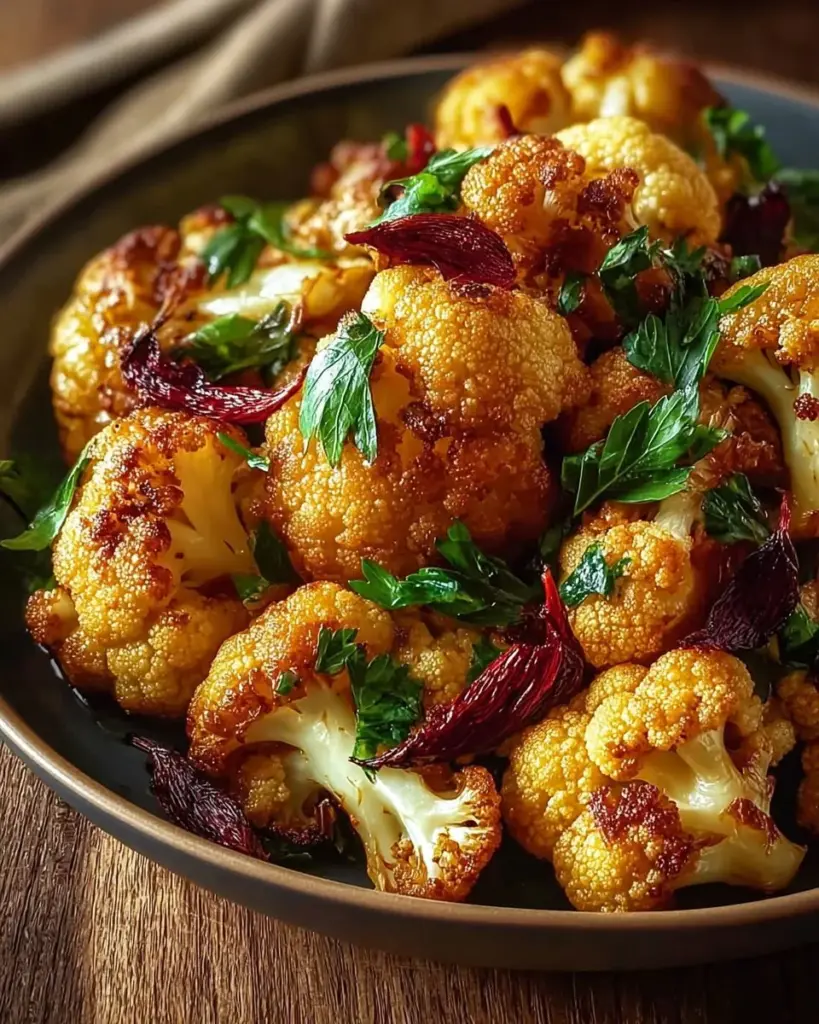 Gebratener Blumenkohl mit Honig-Curry auf einem Teller