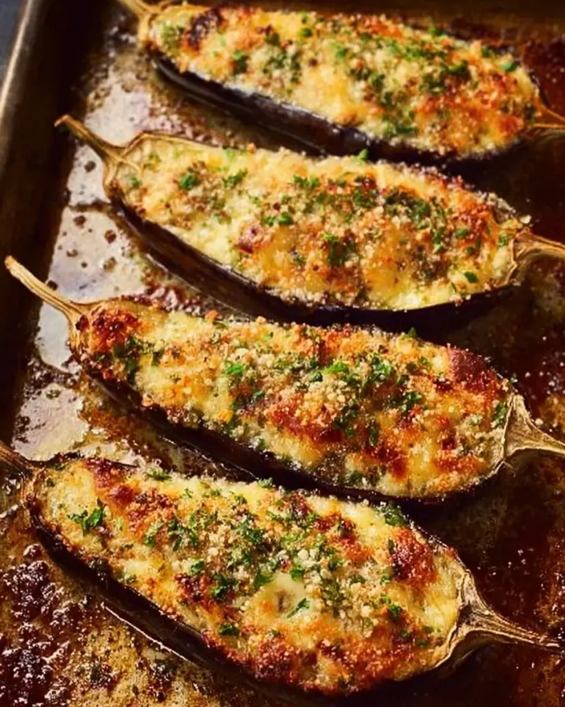 Gefüllte Auberginen mit Tomaten und Mozzarella auf einem Teller