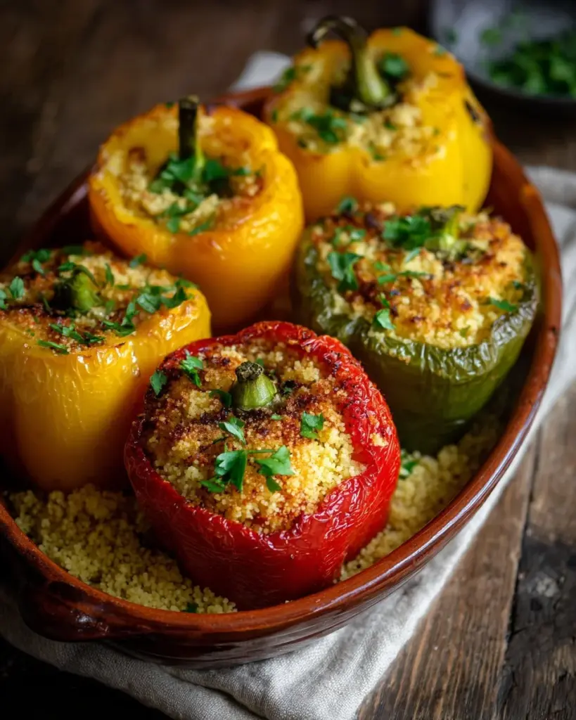 Gefüllte Paprika mit Couscous auf einem Teller angerichtet.
