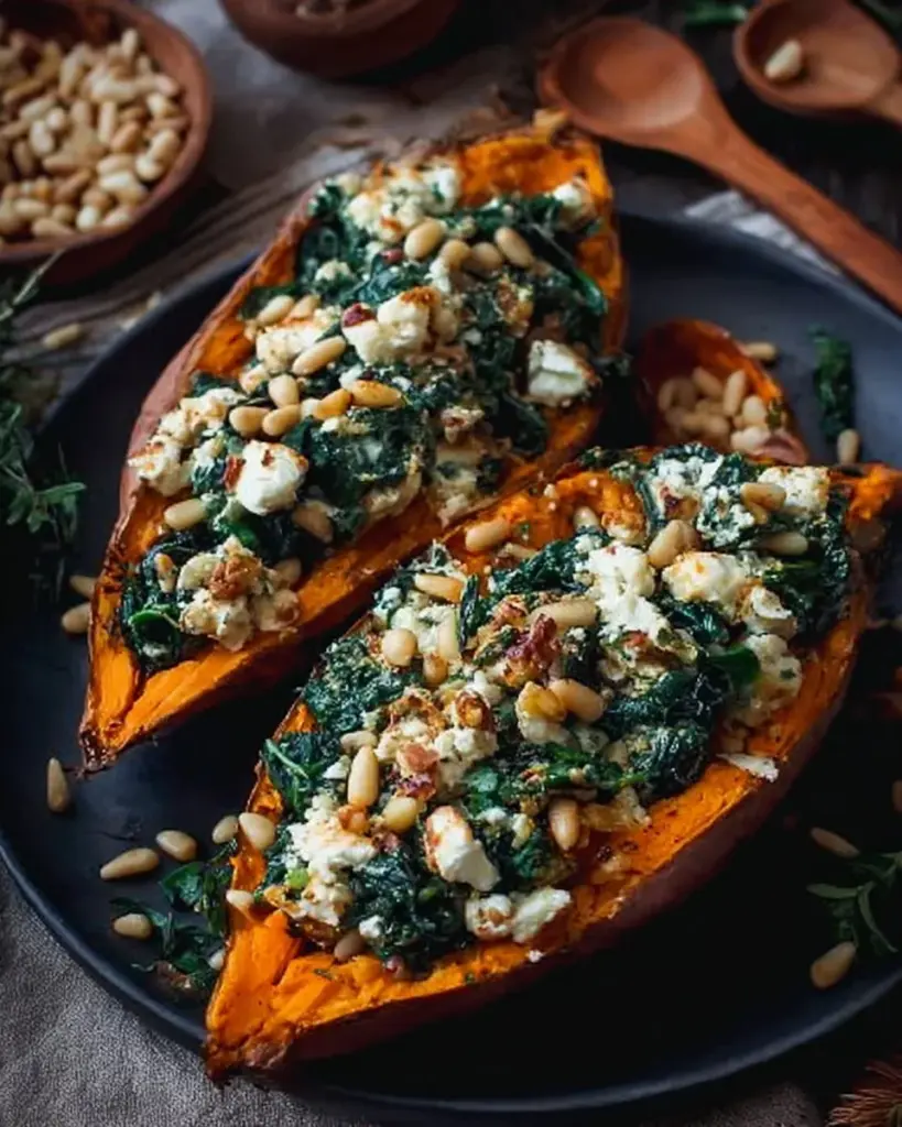 Gefüllte Süßkartoffel mit Feta und Spinat, gesundes Rezept
