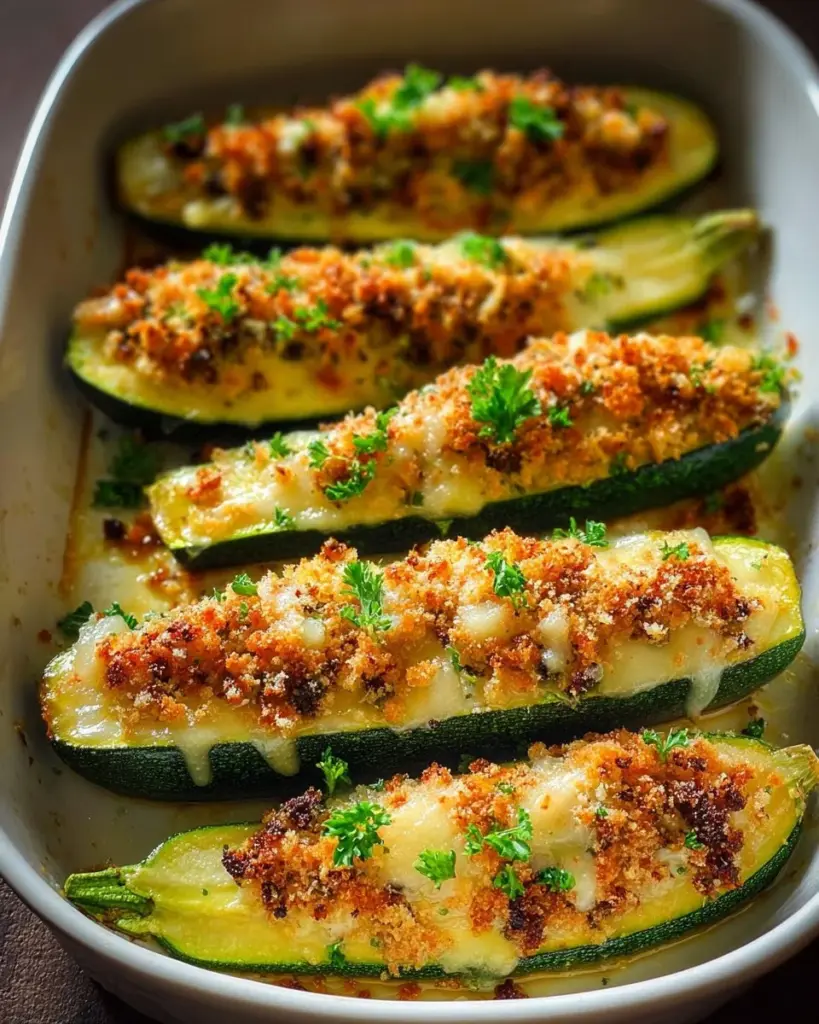 Gefüllte Zucchini mit Couscous und Feta auf einem Teller.