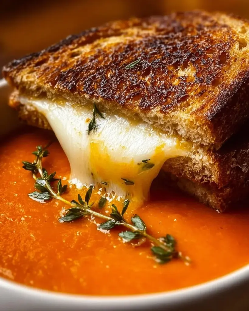 Schale mit gerösteter Tomatensuppe und gegrilltem Käsebrot auf einem Holzbrett