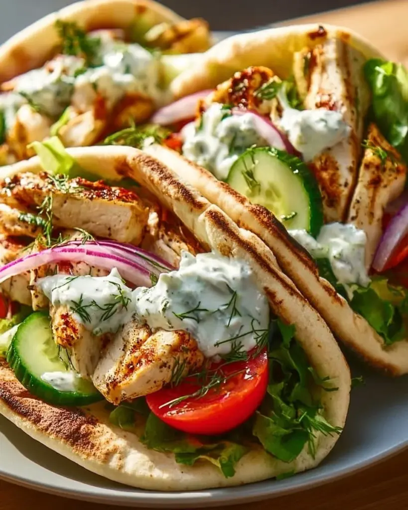Griechisches Hähnchen mit Tzatziki serviert im Fladenbrot, ein leckeres Gericht