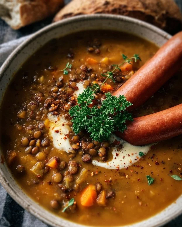 Herzhafte Linsensuppe mit Würstchen serviert in einer Schüssel