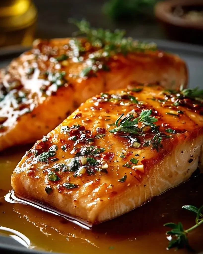 Gericht mit Honig-Lachs auf einem Teller, garniert mit frischen Kräutern.