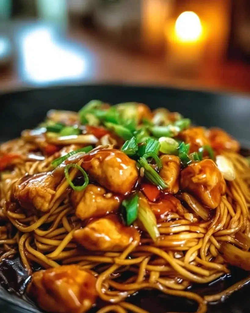 Hühnchen Chow Mein mit buntem Gemüse in einer Pfanne
