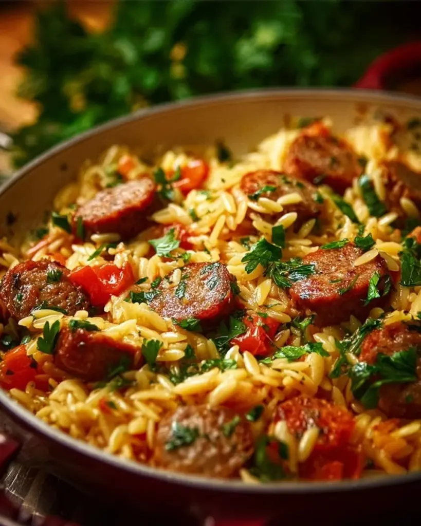 Italienische Wurst-Orzo mit frischen Zutaten in einer Pfanne zubereitet