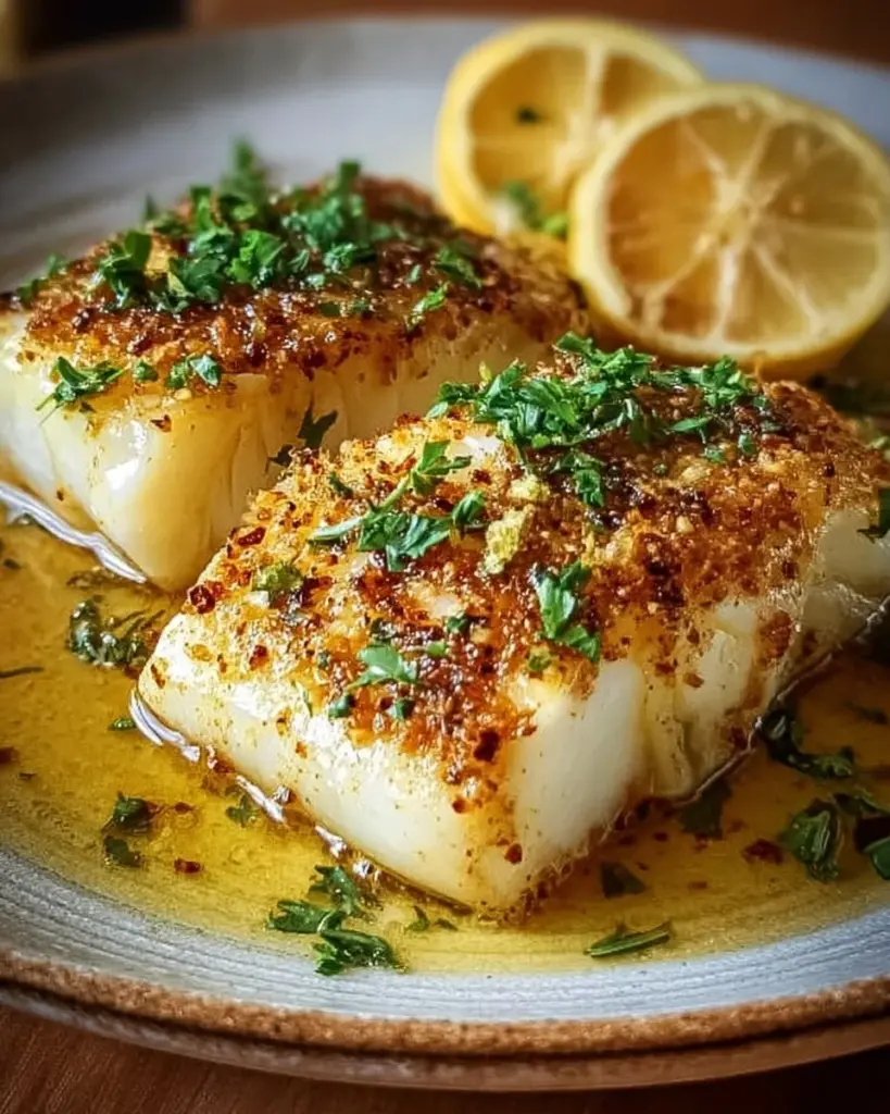 Kabeljau in Zitronen-Knoblauch-Butter serviert mit frischen Kräutern.