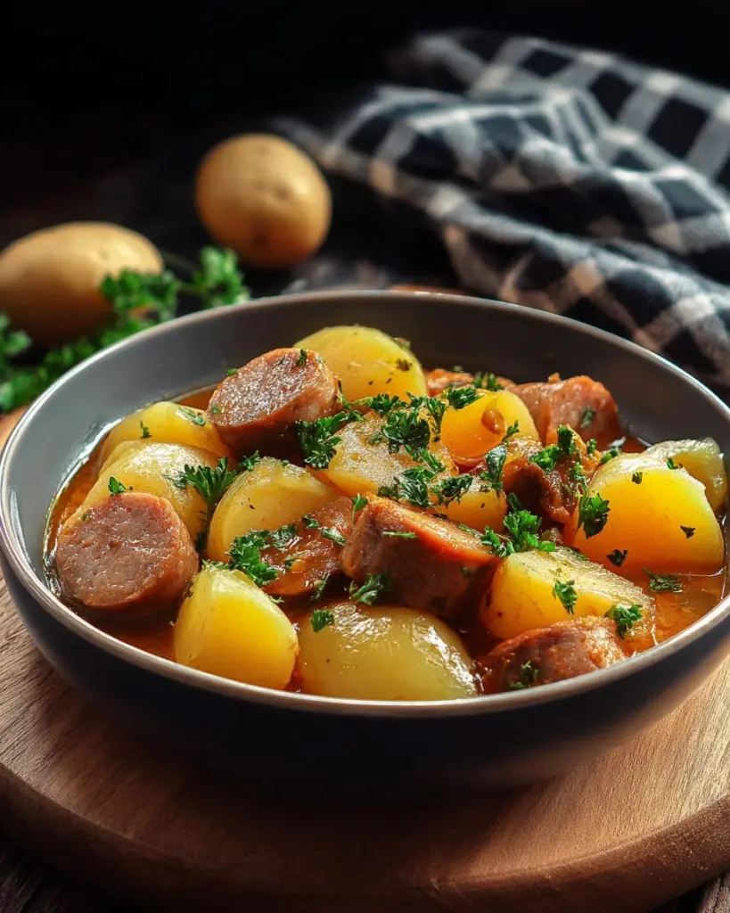 Schüssel mit Kartoffelgulasch und Würstchen, appetitlich angerichtet.