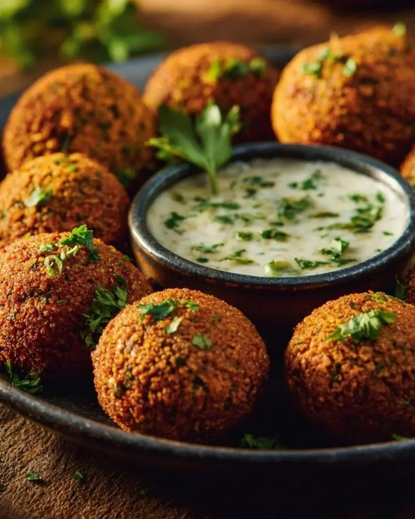 Kichererbsen-Falafel mit Minz-Joghurt auf einem Teller angerichtet