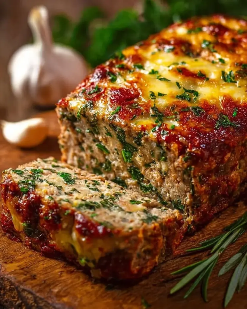 Knoblauch Parmesan Hähnchen Hackbraten auf einem Teller serviert