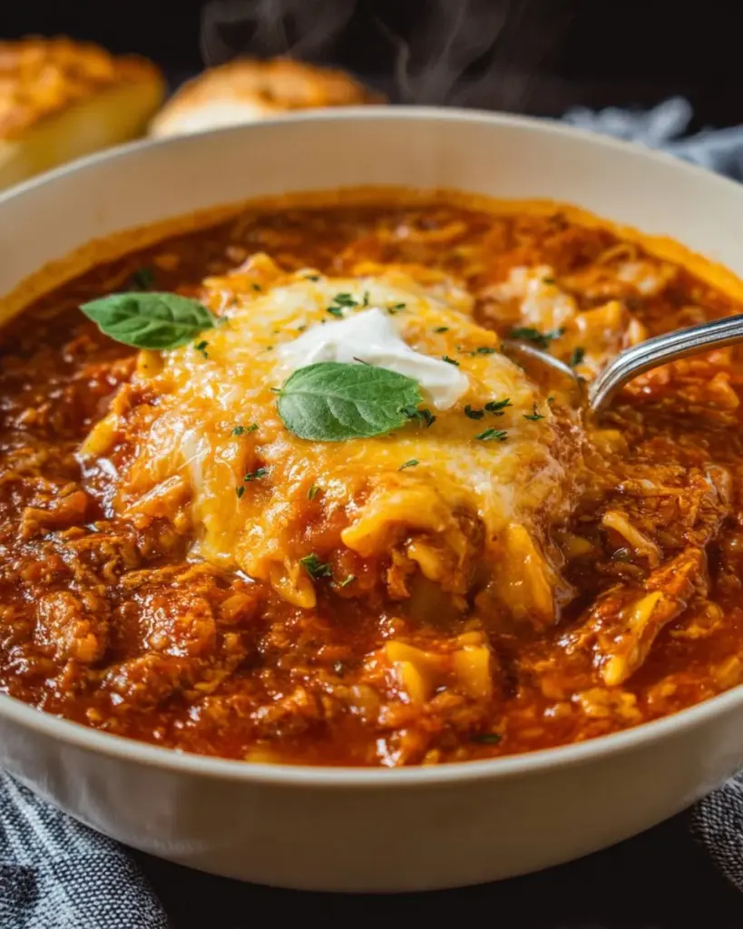 Schüssel mit leckerer Lasagne-Suppe mit Käse und Kräutern