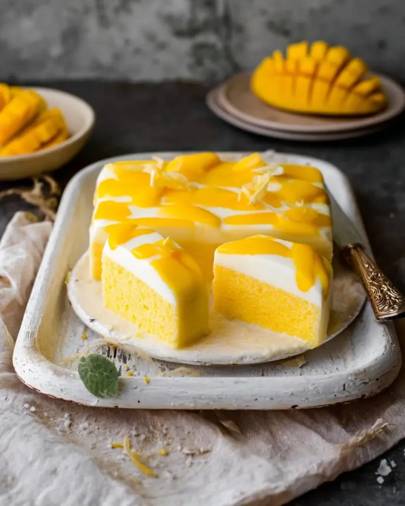 Mango-Joghurt-Schnitten auf einem Teller, dekoriert mit frischen Mangostücken.