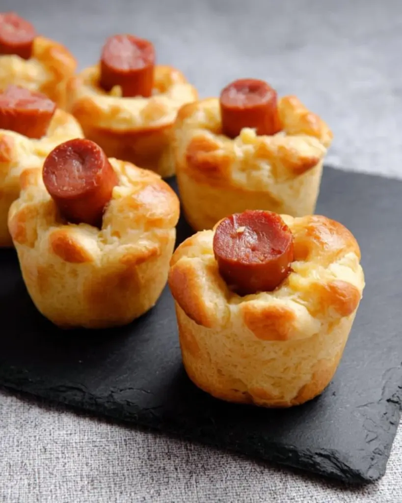 Leckere Mini-Muffins mit Würstchen und Käse auf einem Teller