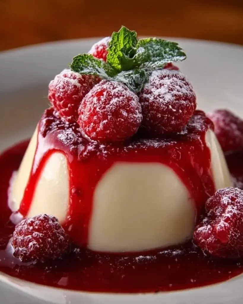 Leckere Panna Cotta mit frischen Beeren und einer Karamellsoße