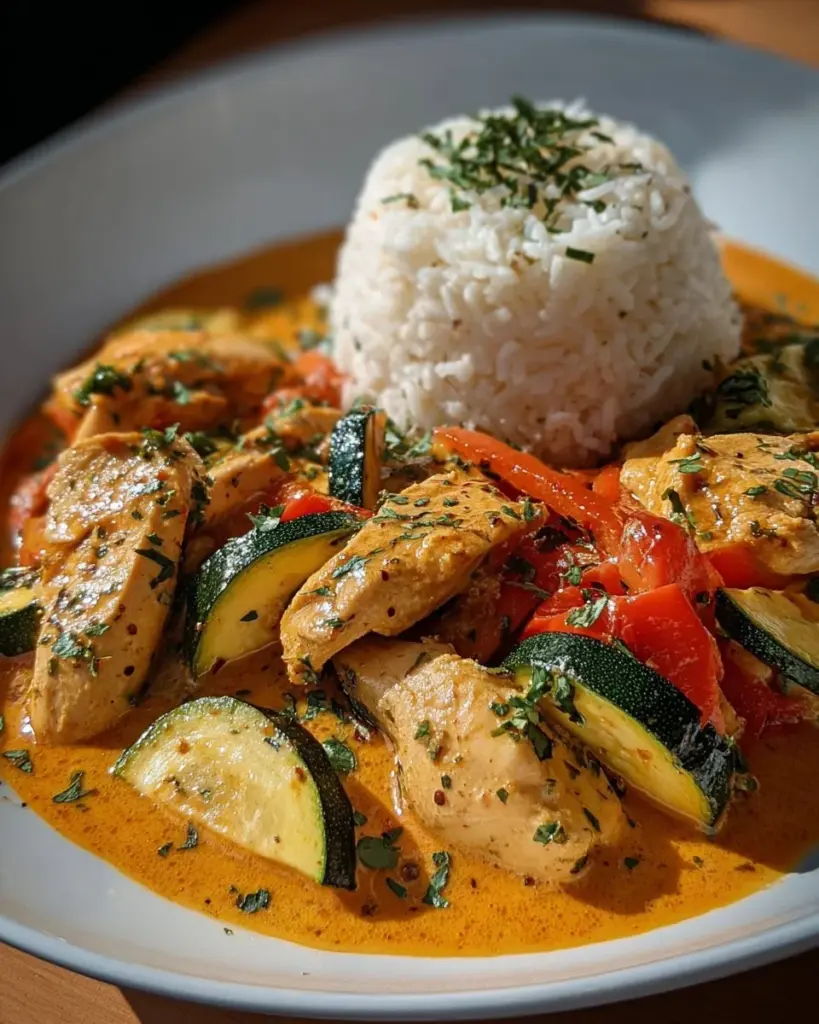 Paprika-Zucchini-Sahne-Hähnchen auf einem Teller serviert