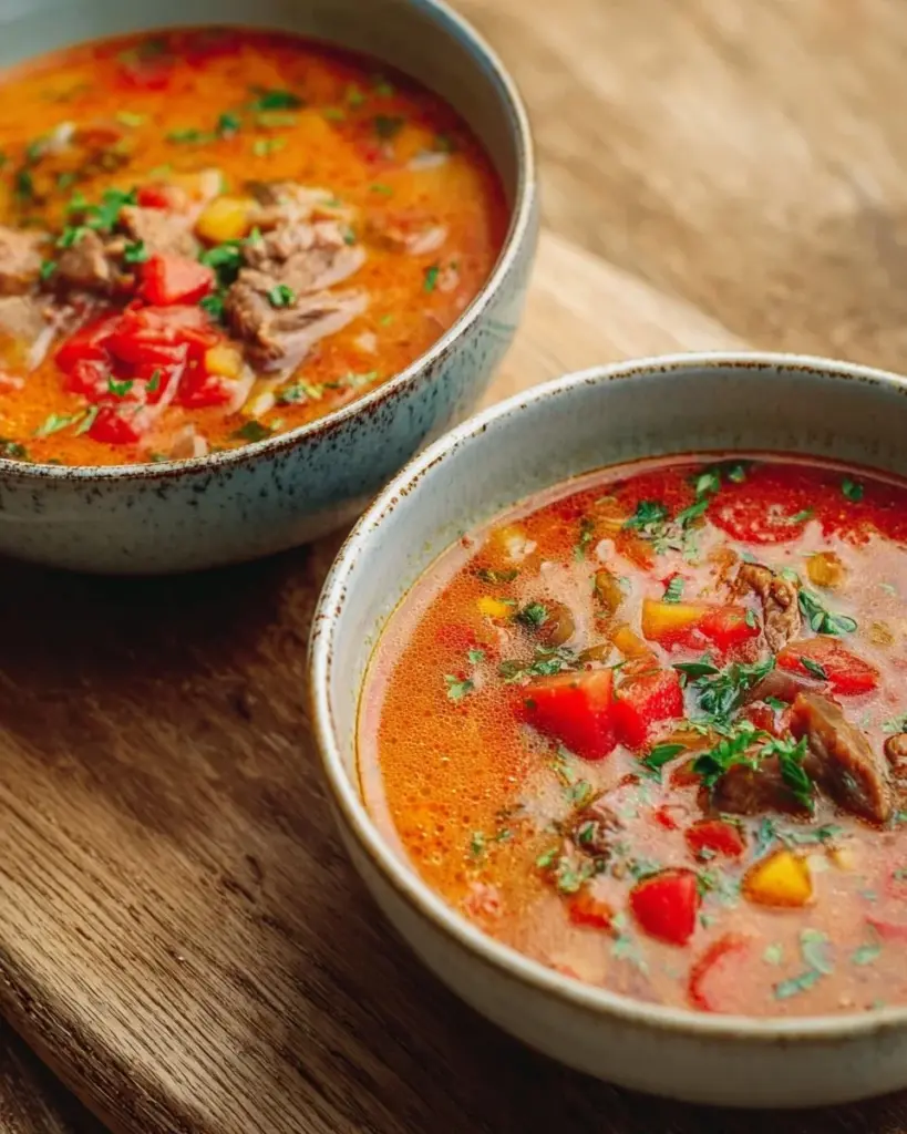 Leckere Pizza-Suppe mit frischen Zutaten und italienischen Gewürzen