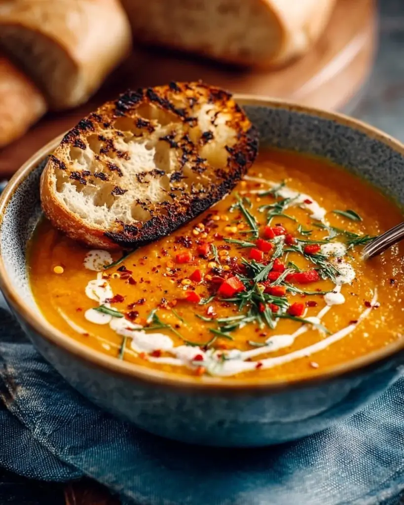 Schüssel mit Roter Linsensuppe, garniert mit frischen Kräutern
