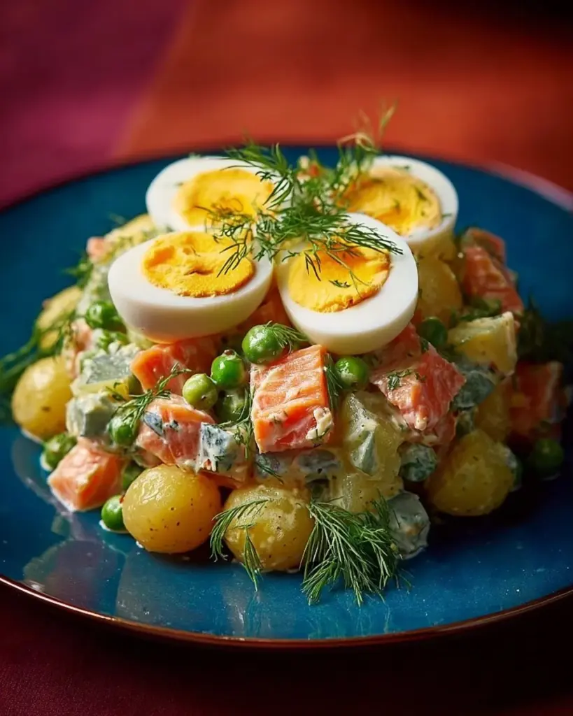 Russischer Lachs-Kartoffelsalat mit frischen Zutaten und Lachs.