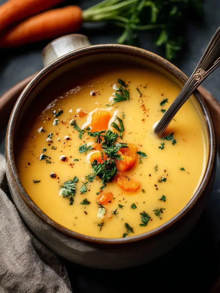 Samtige Möhren-Kartoffel-Suppe in einer Schale mit frischen Kräutern garniert.