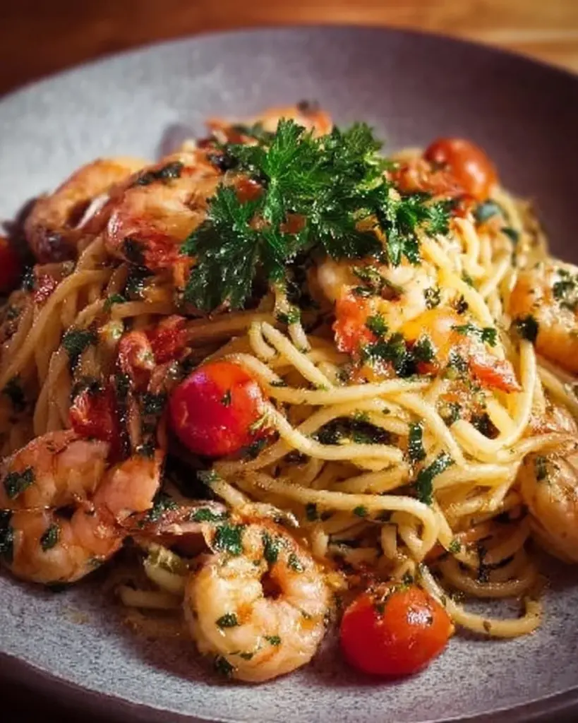 Teller mit Spaghetti Meeresfrüchte und frischen Meeresfrüchten garniert