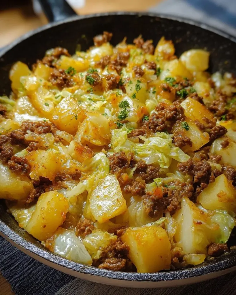Spitzkohl-Kartoffel-Pfanne mit Hackfleisch auf einem Teller serviert