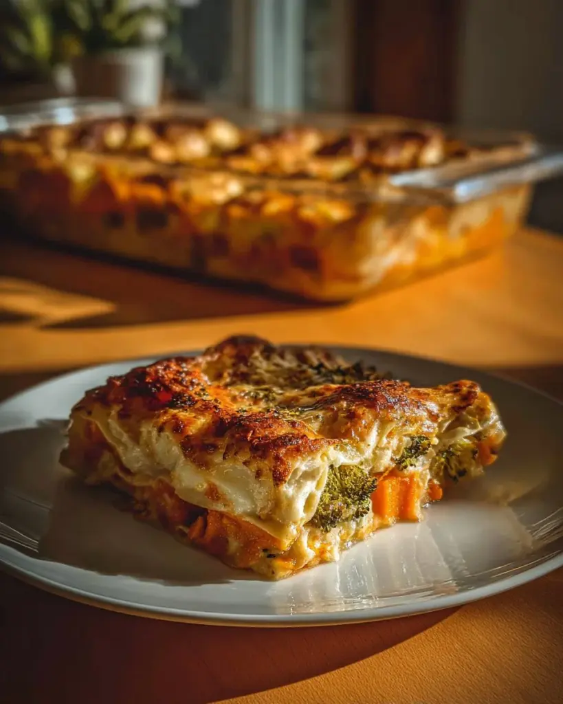 Süßkartoffel-Brokkoli-Auflauf mit Feta auf einem Teller serviert