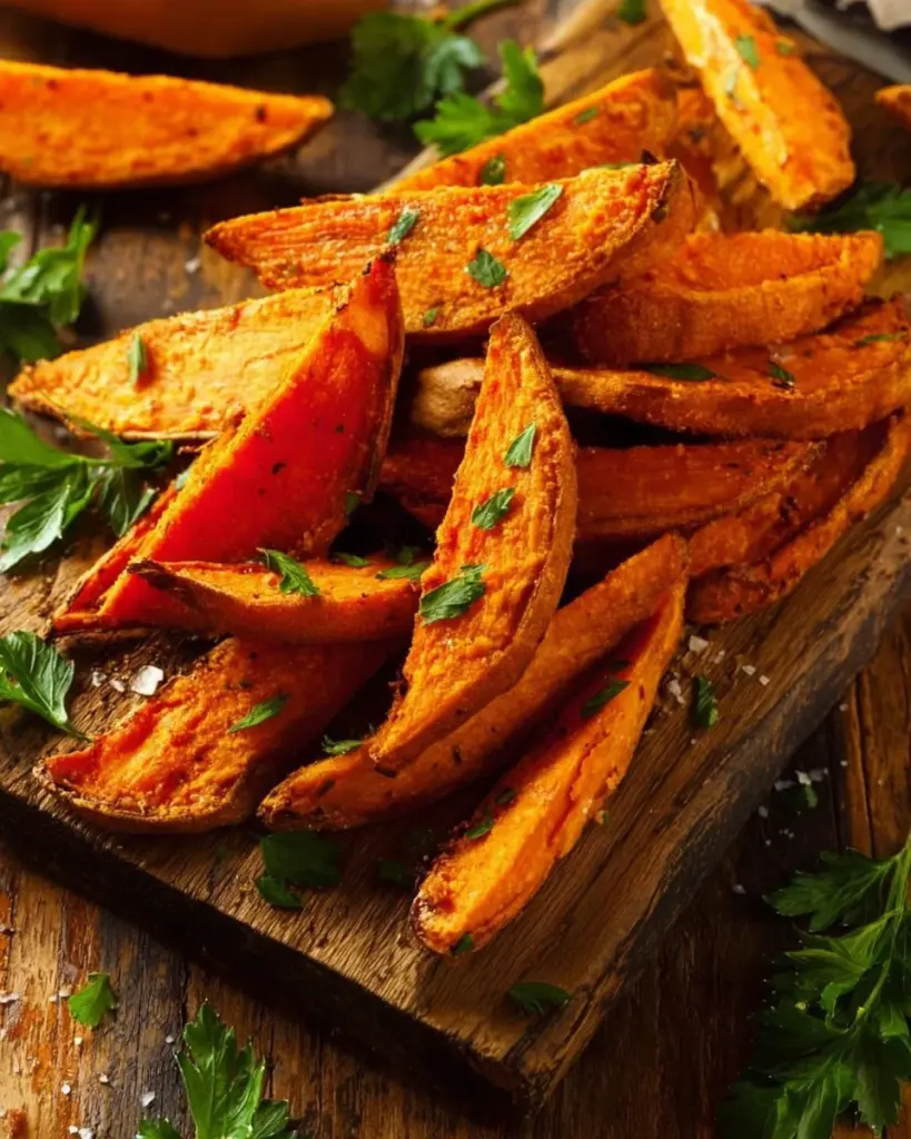 Köstliche Süßkartoffel-Wedges frisch aus dem Ofen serviert.
